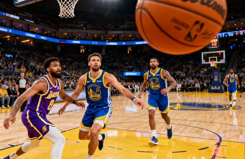 NBA常规赛湖人对阵勇士的比赛直播画面，橙色篮球在空中划出弧线，球场木地板反射着明亮的灯光